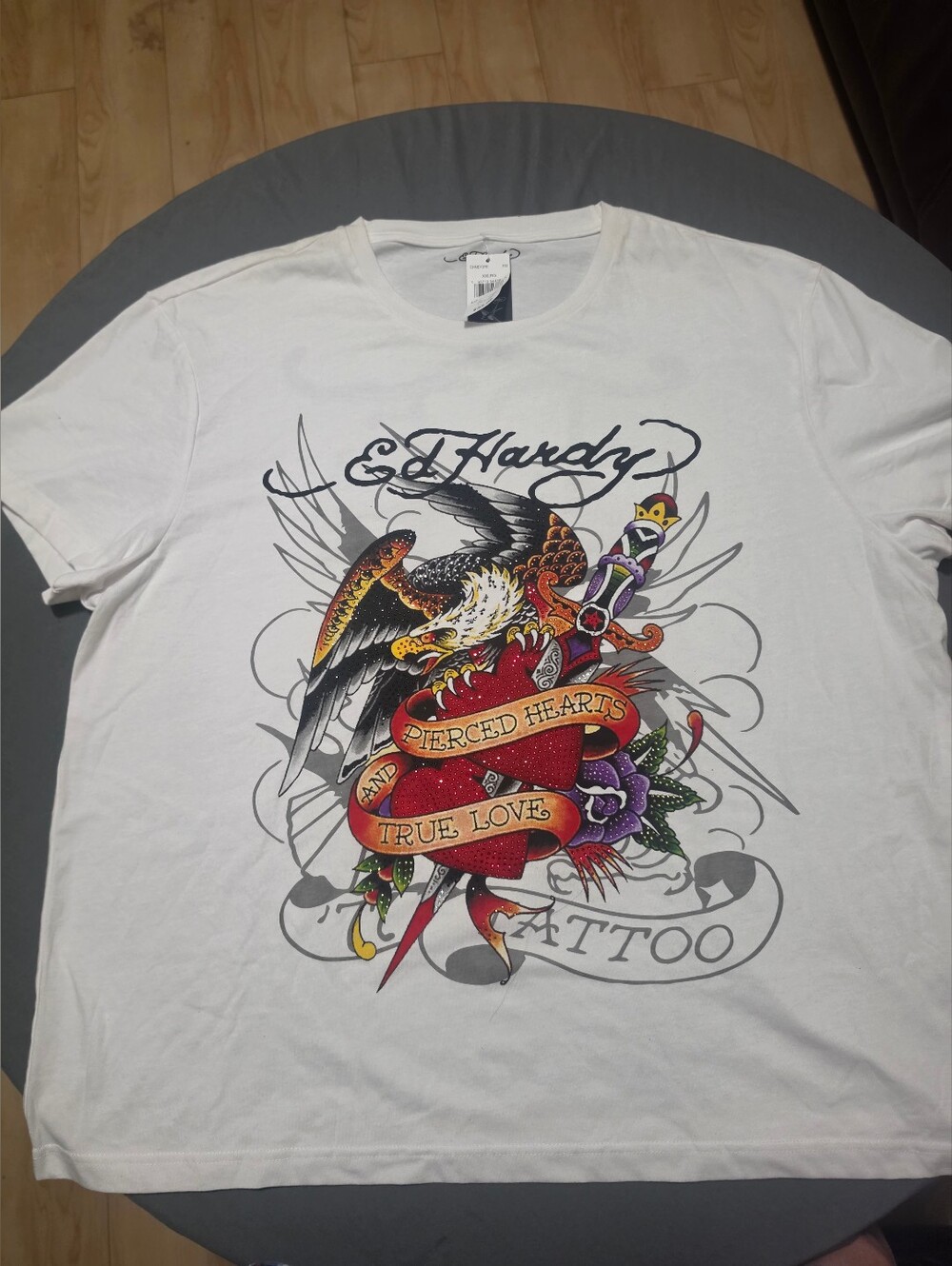 Ed Hardy White Graphic Tee with Red Heart and Eagle Tattoo Art